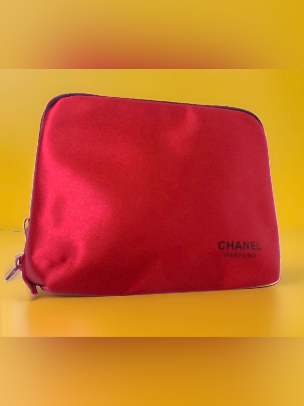 CHANEL Red Satin Cosmetic Pouch with Logo NWOT